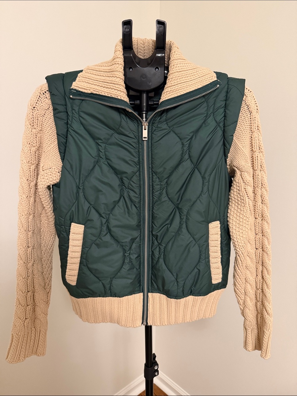 Greylin Forest Green Quilted Puffer with Cream Knit Sleeves